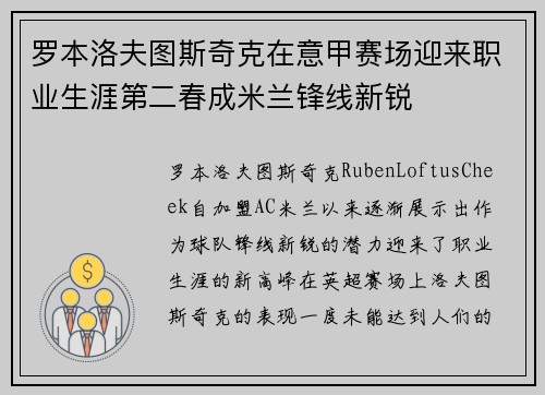 罗本洛夫图斯奇克在意甲赛场迎来职业生涯第二春成米兰锋线新锐