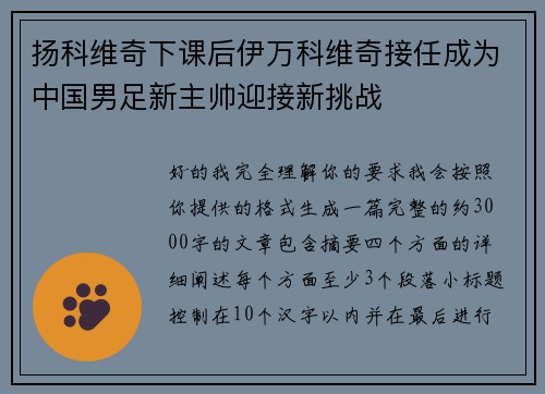 扬科维奇下课后伊万科维奇接任成为中国男足新主帅迎接新挑战